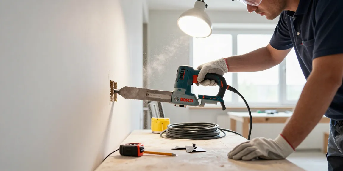 Bosch wall chaser in use by a skilled tradesperson cutting precise slots for wiring installation in a professional workshop.