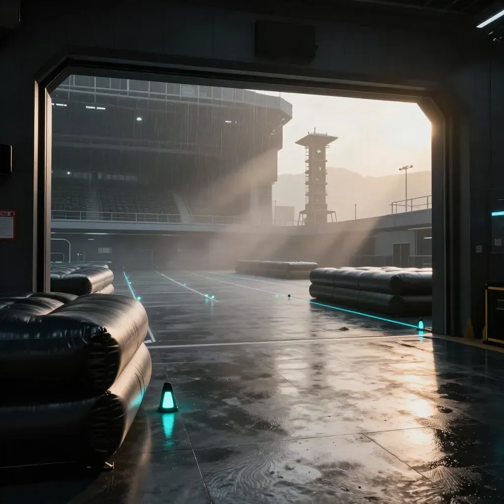 Empty laser tag arena with glowing cyan beacons, bunkers, racks and a score tower