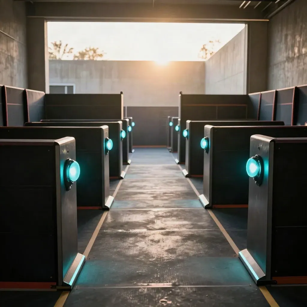 Laser tag arena lanes glowing with cyan beacons, bunker blocks and blaster racks in a wide threshold view.