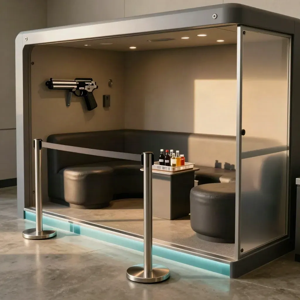 Private laser tag lounge bay with stanchions, blaster rack, stools and sealed refreshments