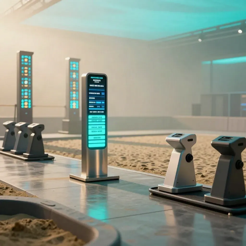 Brushed-metal scoreboard tower, prize pedestal and glowing target props on a reflective laser arena floor.