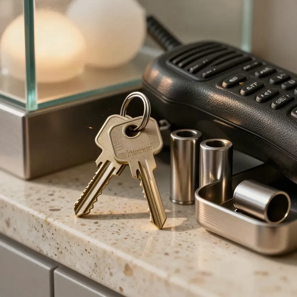 Macro of master keys, radio handset, lock cylinders and fob tray on travertine stone.