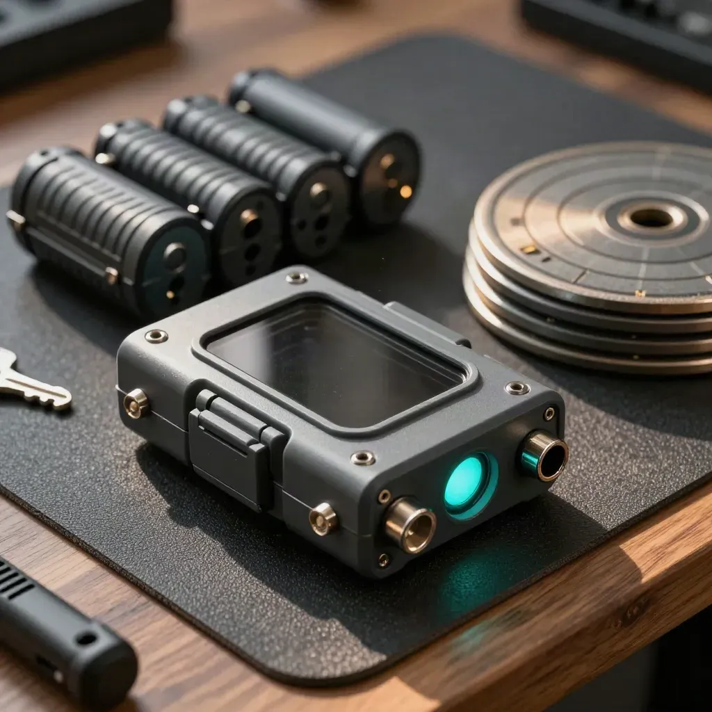 Sensor vest modules, battery packs and target discs on a dark mat under dramatic studio light.