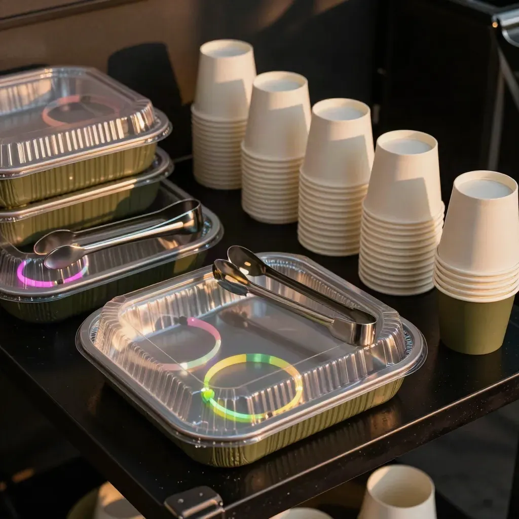 Sealed party trays, stacked cups, glow bracelets and tongs on a venue prep shelf.