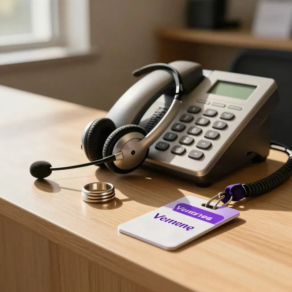 Headset, desk phone, appointment rings and venue key card on a pale oak booking counter.