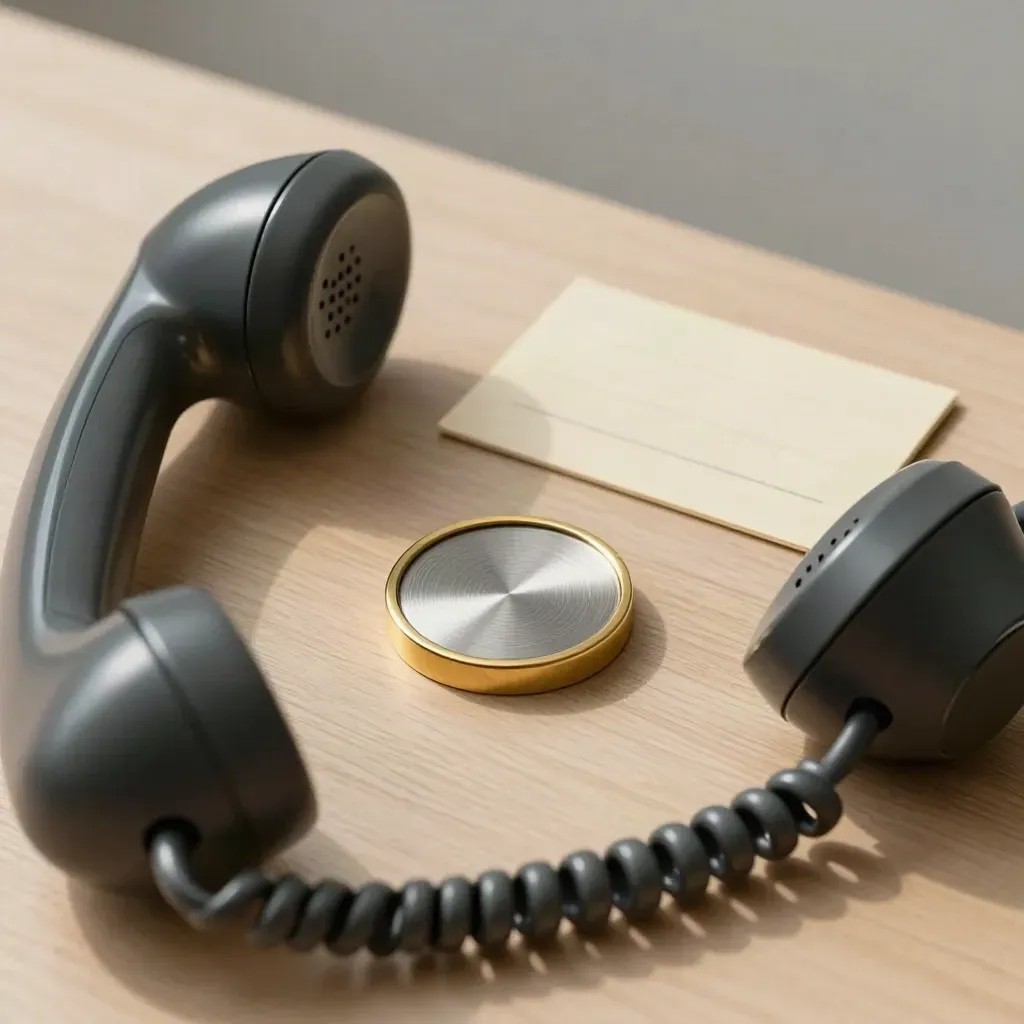 Brass date token, silver booking chip and dark handset on pale wood.