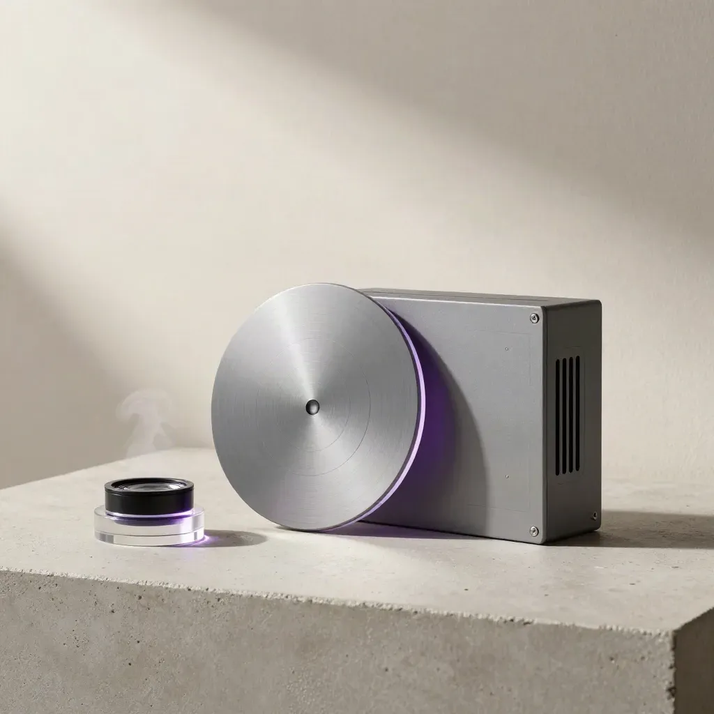 Glowing score puck, sensor disc, and wall score unit on concrete in soft purple light.